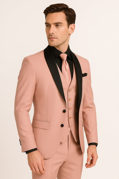 Men's Light Pink 3-Piece Tuxedo Suit with Black Satin Shawl Lapel â€“ Formal Wear - Ultra Slim Fitted in Blush color