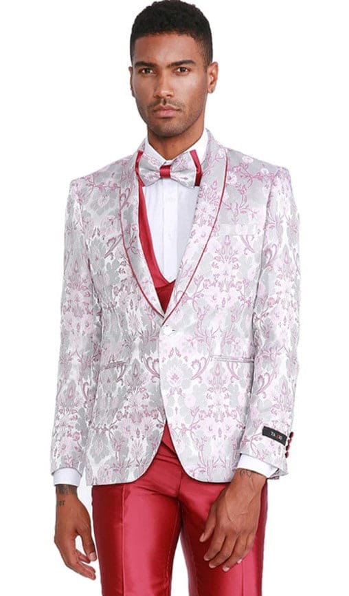 Mens One Button Vested Floral Print Prom and Wedding Tuxedo Pink Satin Vest and Pants