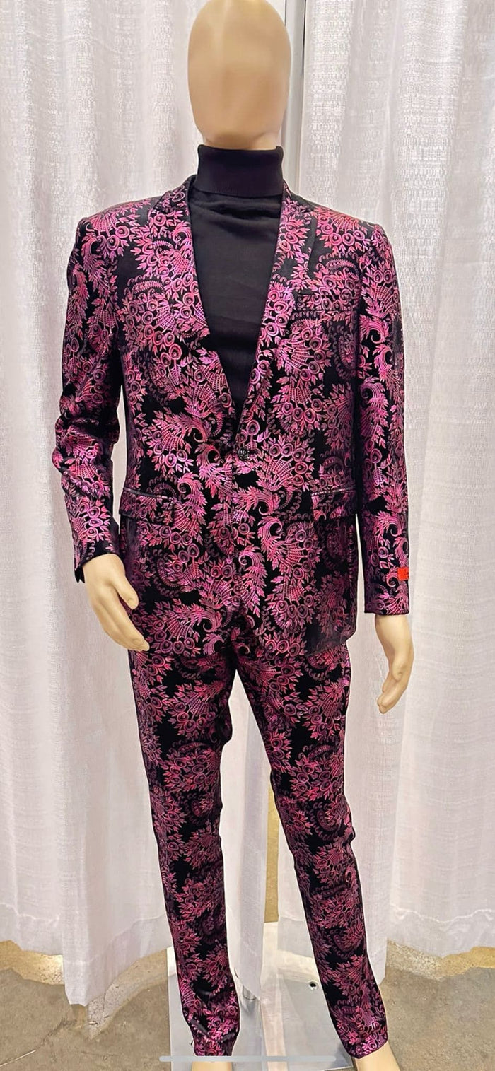 Mens Pink and Black Floral Tuxedo Suit â€“ Slim Fit Two Piece Set