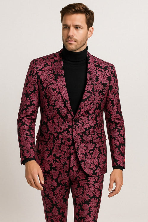 Mens Pink and Black Floral Tuxedo Suit â€“ Slim Fit Two Piece Set