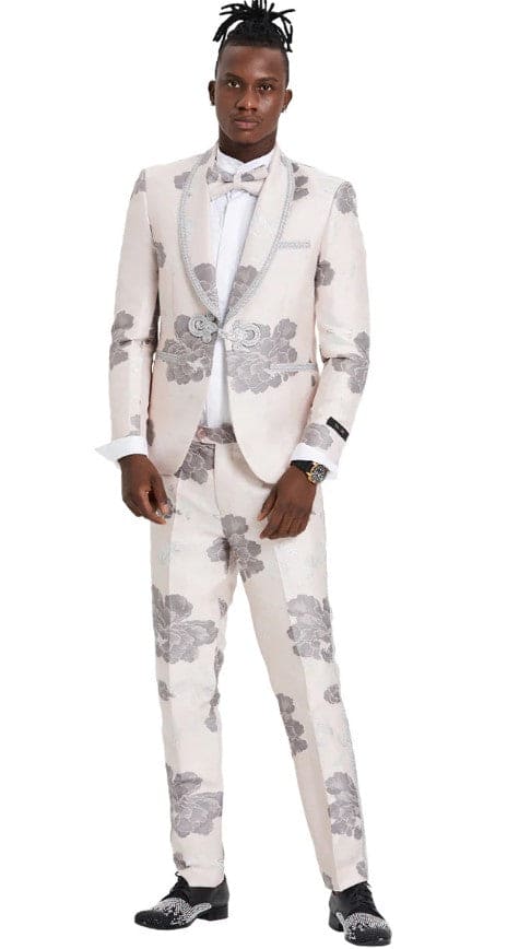 Mens One Button Vested Shawl Tuxedo Pink and Silver Floral Pattern