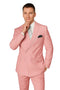 Men's elegant double-breasted wool suit in blush pink. Features peaked lapels, tailored fit jacket with front pockets. Straight-cut matching trousers. Structured seams.
