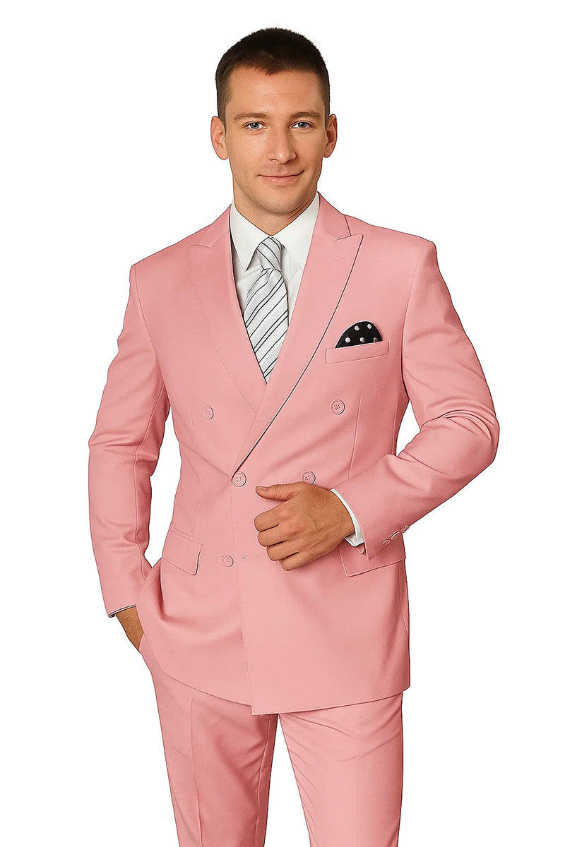 Elegant men's double-breasted wool suit in blush pink. Tailored silhouette, broad lapels, two rows of buttons, and a side pocket. Includes matching trousers.
