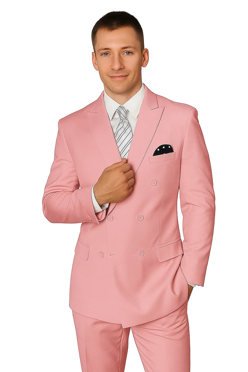 Elegant men's double-breasted wool suit in blush pink. Tailored fit with notched lapels and dual-row buttons. Includes a polka-dot handkerchief. Trousers match the suit.
