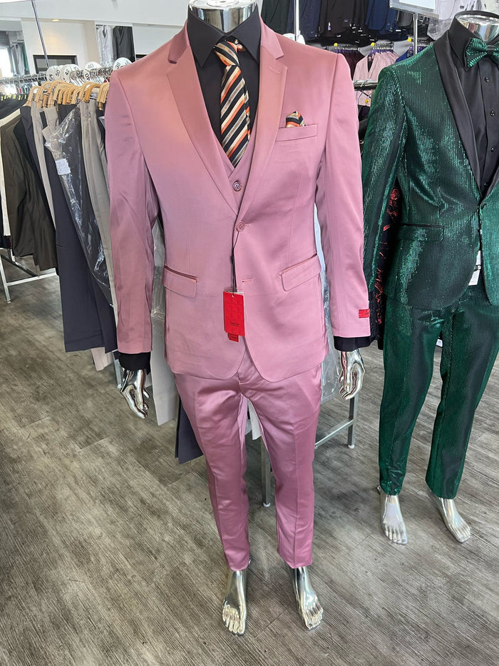 Mens Pink 3-Piece Slim Fit Suit Formal Wedding and Prom Outfit with Vest