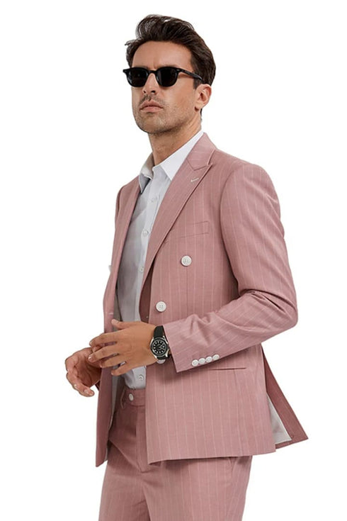 Men's Slim Fit Double Breasted Bold Gangster Pink Pinstripe Suit