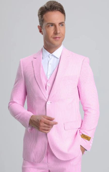 Men's Notch Label Orange Colour Summer Seersucker Fabric Jacket + Pants 3 Piece Suit