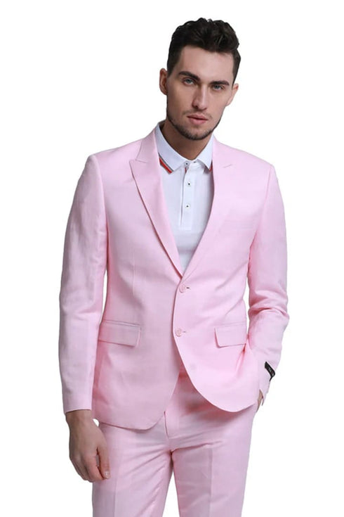 Men's Two Button Peak Lapel Summer Linen Style Beach Pink Wedding Suit