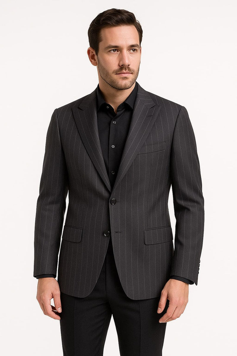 Black pinstripe blazer with dark charcoal grey pattern. Fitted, single-button closure, notched lapels, and flap pockets. Smooth fabric, long sleeves with buttoned cuffs.
