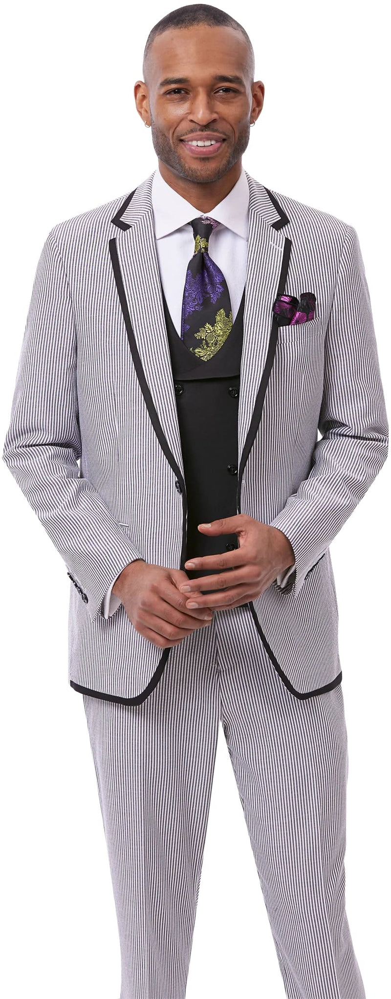 Pinstripe Suit – White and Blue Wedding Groom Suit with Trim Collar, Two-Toned