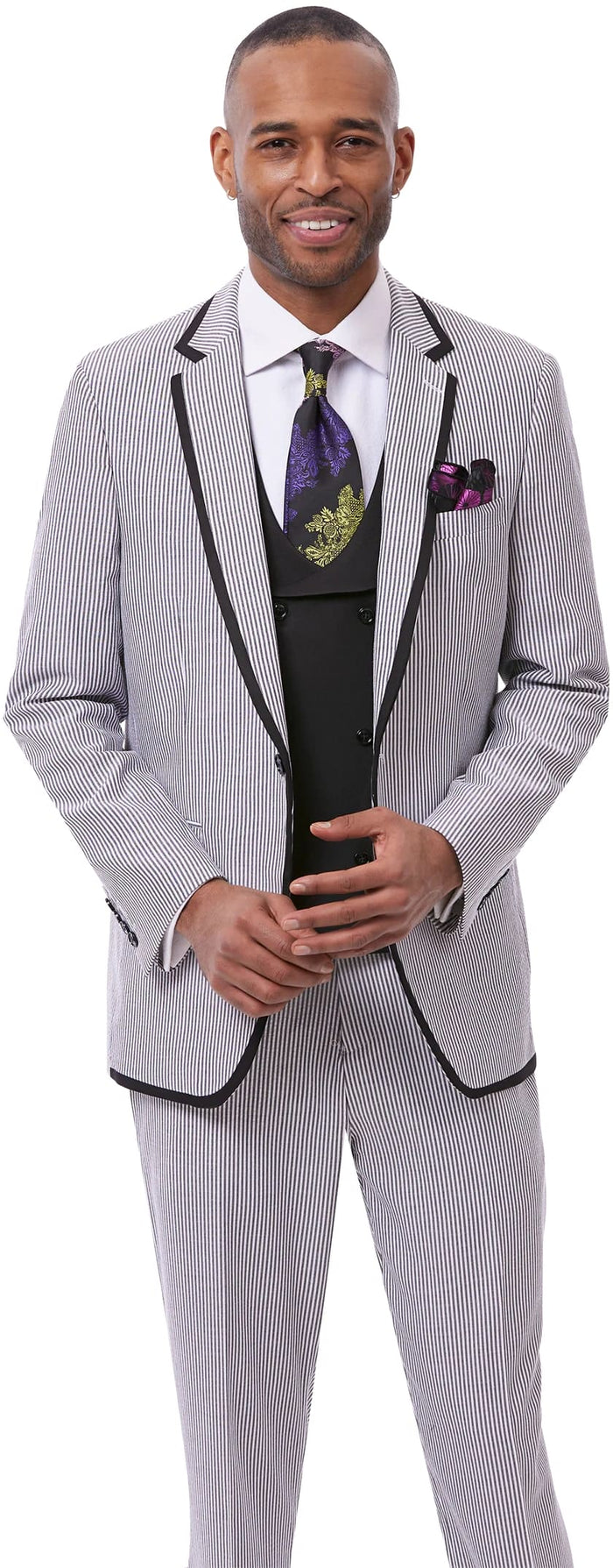 Pinstripe Suit – White and Blue Wedding Groom Suit with Trim Collar, Two-Toned