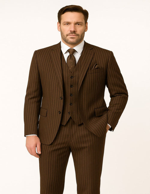 Men's Brown Pinstripe 3-Piece Suit with Matching Vest – Classic Fit Business and Formal Attire