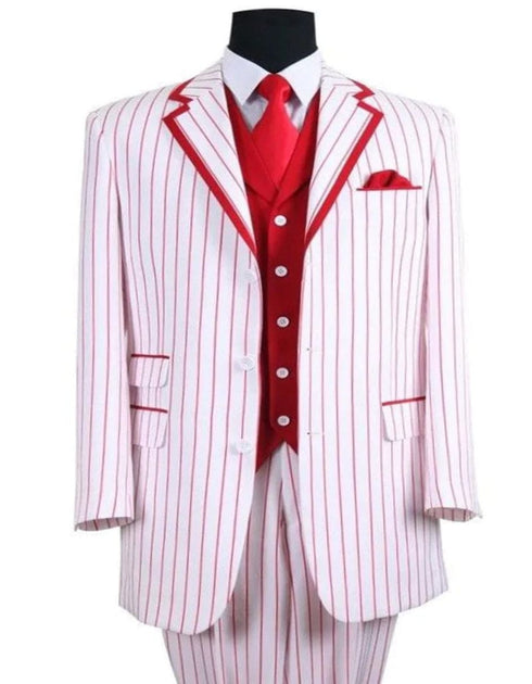 Mens 3 Button Vested Barbershop Quartet White With Red Pinstripes