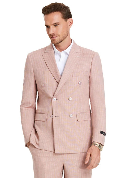 Men's Slim Fit Double Breasted Summer Pinstripe Rose Pink Suit