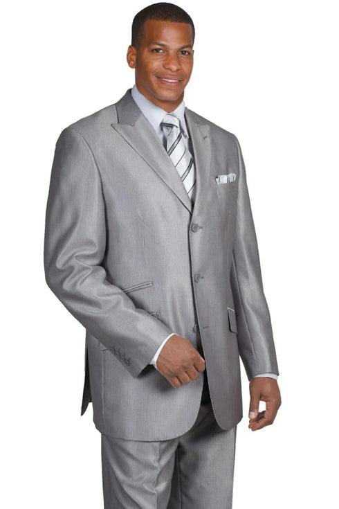 Mens 3 Button Peak Lapel Shiny Sharkskin Silver Grey Pinstripe Suit