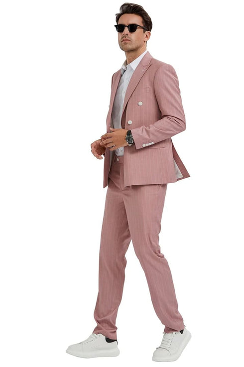 Men's Slim Fit Double Breasted Bold Gangster Pink Pinstripe Suit