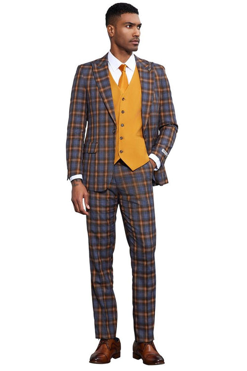 Stacy Adams men's suit: Bold grey & gold windowpane plaid. Includes jacket, trousers & gold vest. Tailored fit, structured design. Vest features multiple buttons. Notch lapel on jacket.

