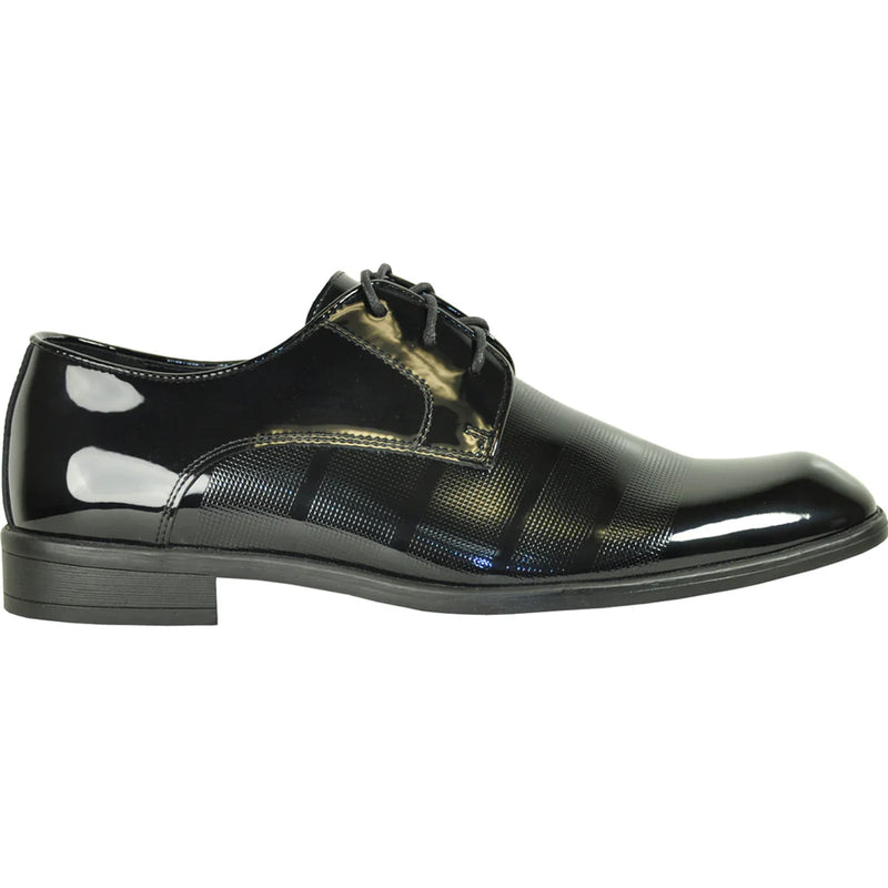 Bravo Mens Classic Patent Textured Tuxedo Oxford Lace Up Dress Shoe in Black