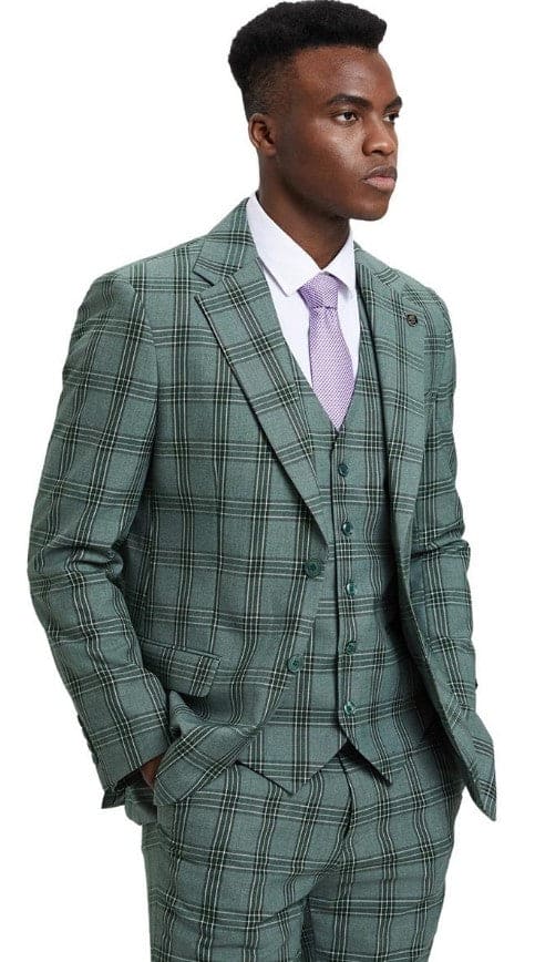 Men's Two Button Notch Lapel Vested Glen Plaid Check Suit in Light Olive Green