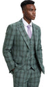 Men's Two Button Notch Lapel Vested Glen Plaid Check Suit in Light Olive Green