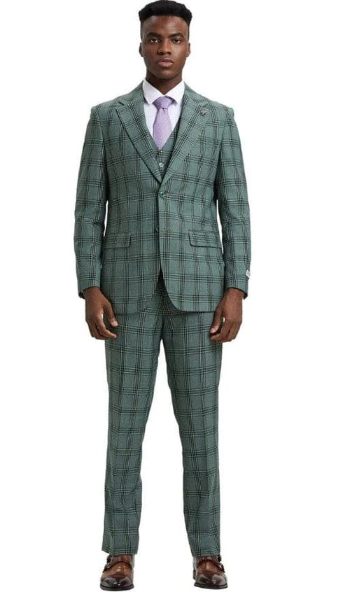 Men's Two Button Notch Lapel Vested Glen Plaid Check Suit in Light Olive Green