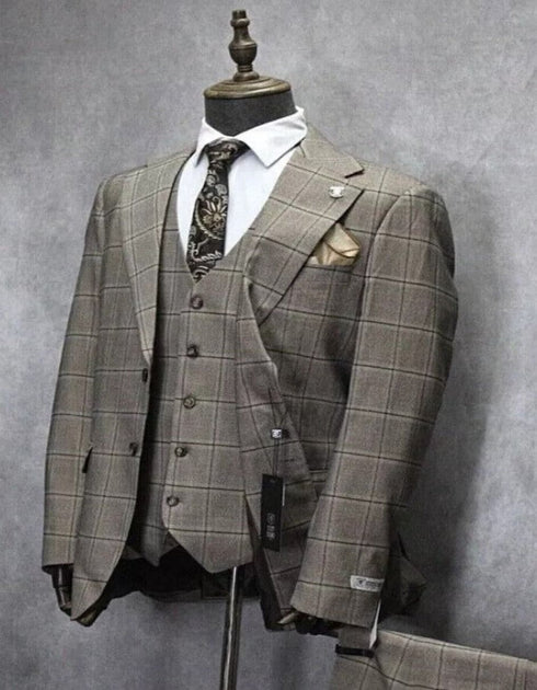 Mens Two Button Notch Lapel Plaid Pattern Suit Tan ~ Brown