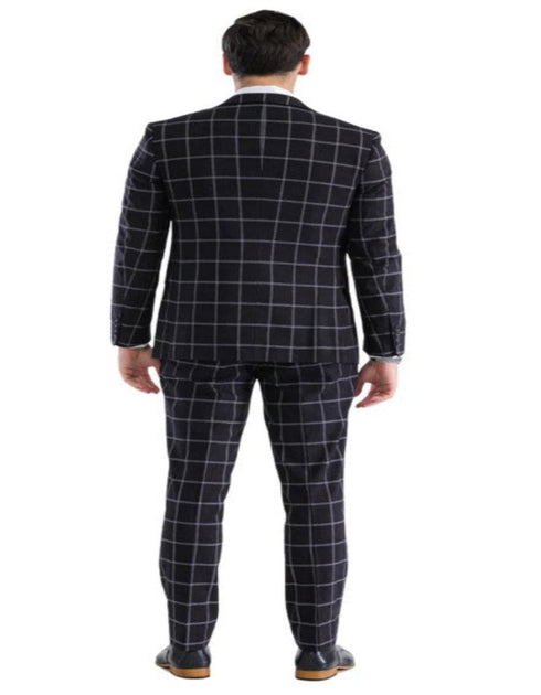 Mens Plaid Suit - Windowpane Pattern With Vest - Business Suit Black