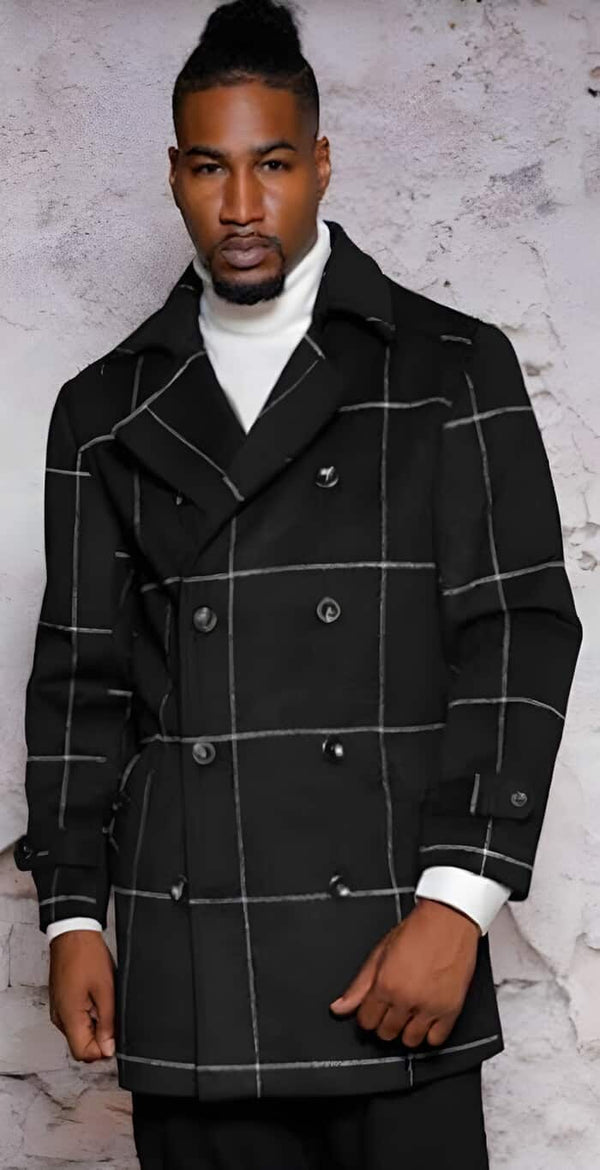 Mens Black Overcoat - Mens Plaid Overcoat - Wool Peacoat - Plaid Topcoats Black