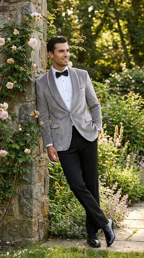 Men's Platinum Velvet Dinner Jacket with Satin Shawl Lapel | Formal Wedding Prom Blazer