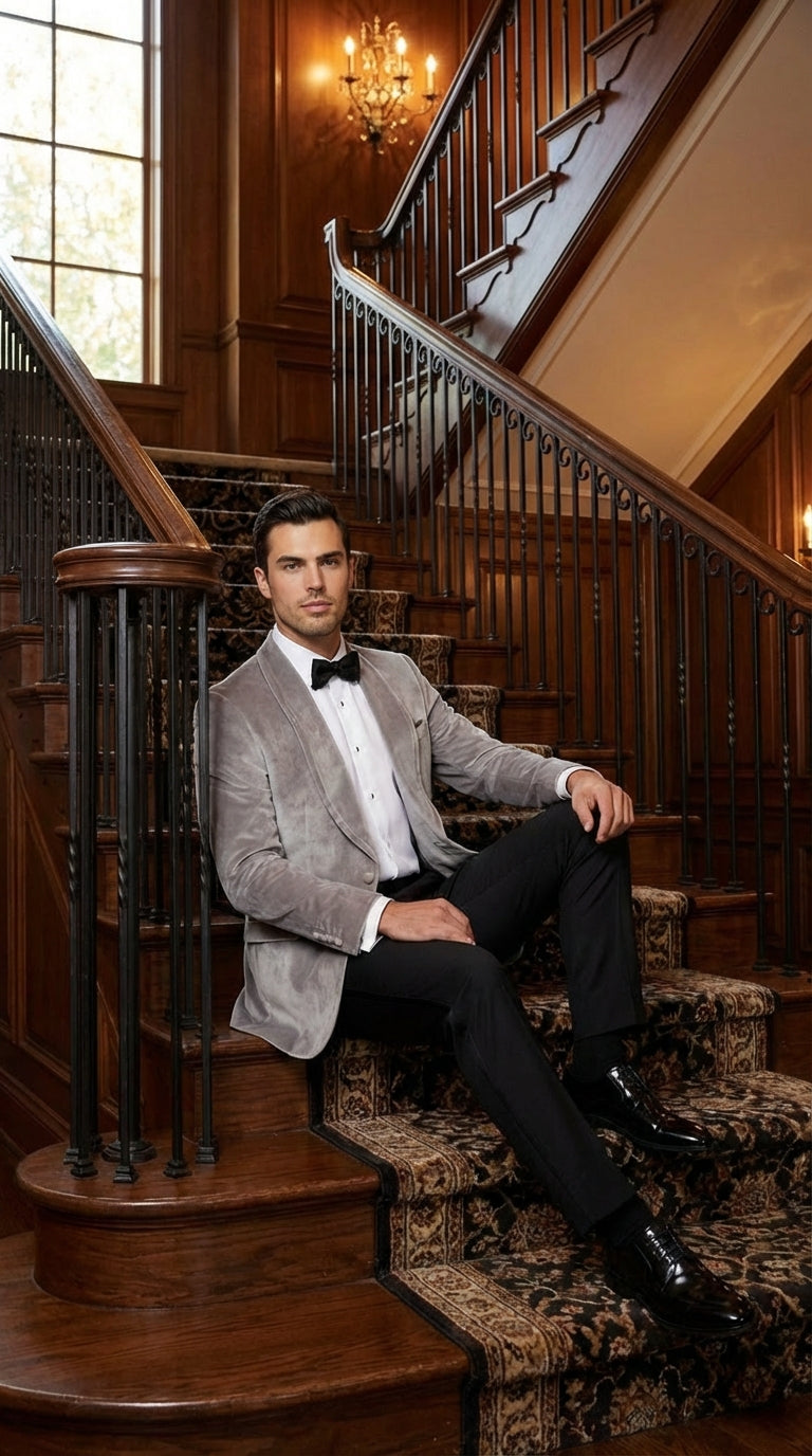 Men's Platinum Velvet Dinner Jacket with Satin Shawl Lapel | Formal Wedding Prom Blazer