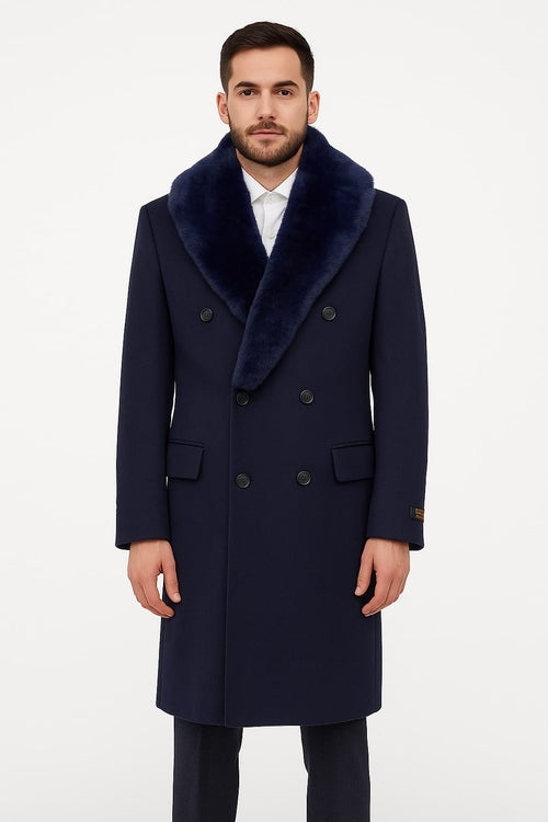 Mens Double-Breasted Navy Overcoat with Plush Blue Faux Fur Collar â€“ Alberto Nardoni Winter Coat