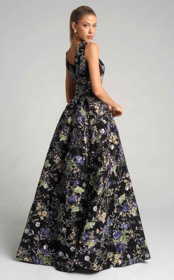 Floral A-Line Gown with Deep V-Neck & High Slit Sleeveless Dress by Portia & Scarlett PS26091