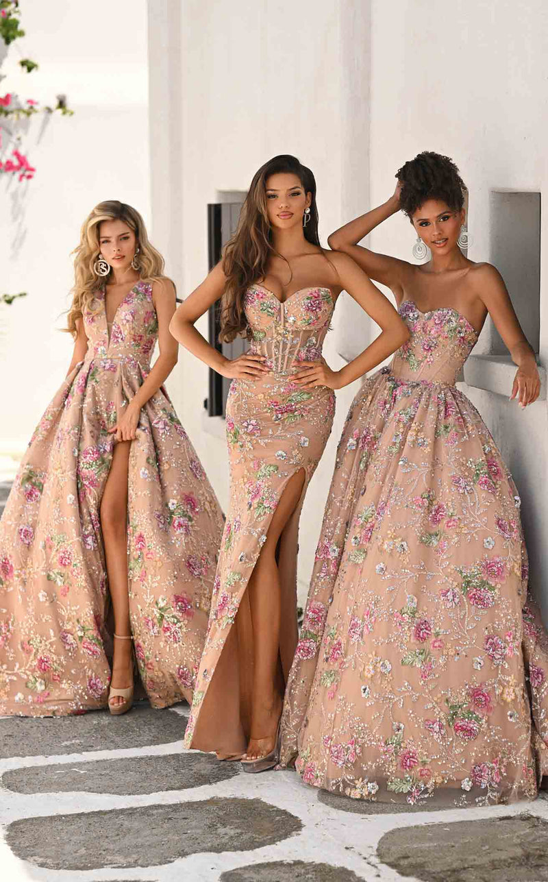 Floral A-Line Gown with Deep V-Neck & High Slit Sleeveless Dress by Portia & Scarlett PS26091