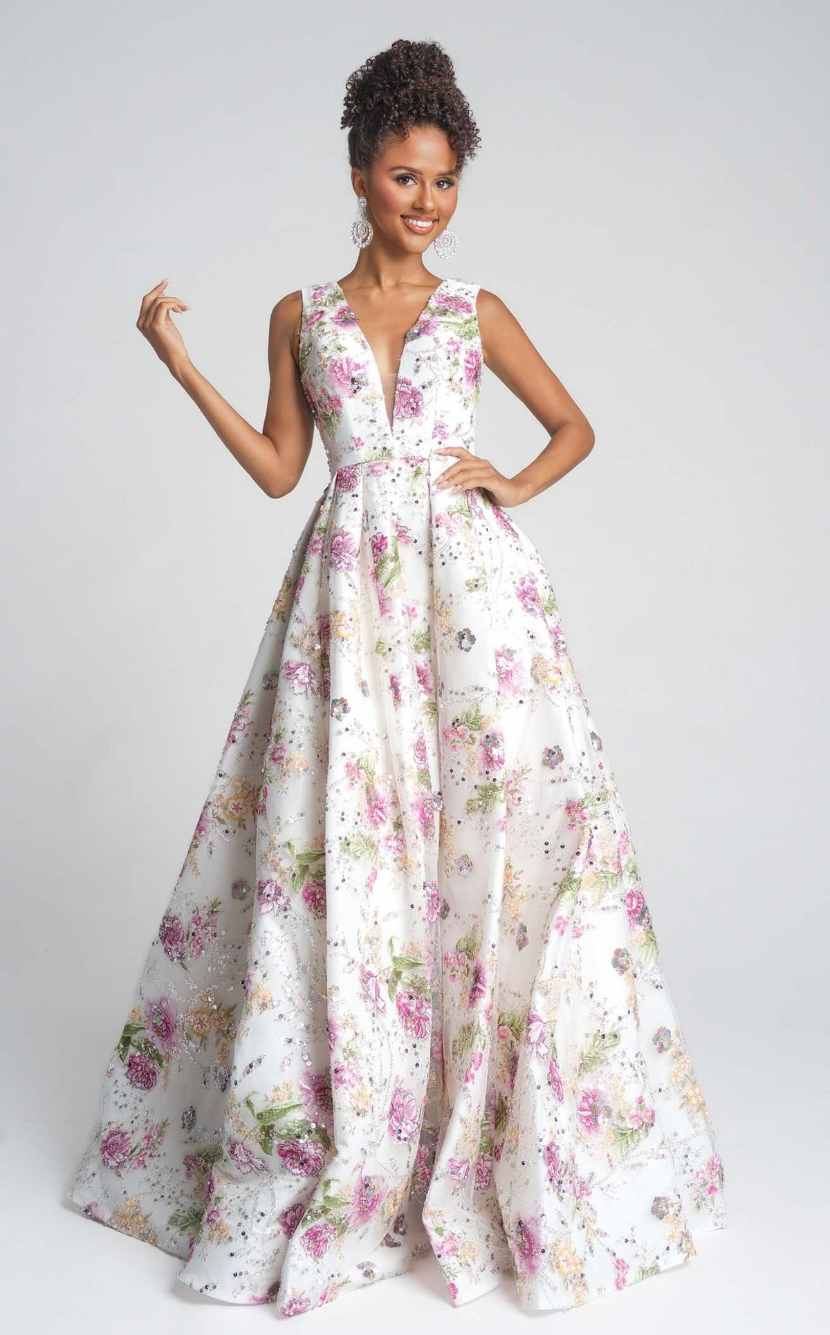 Floral A-Line Gown with Deep V-Neck & High Slit Sleeveless Dress by Portia & Scarlett PS26091