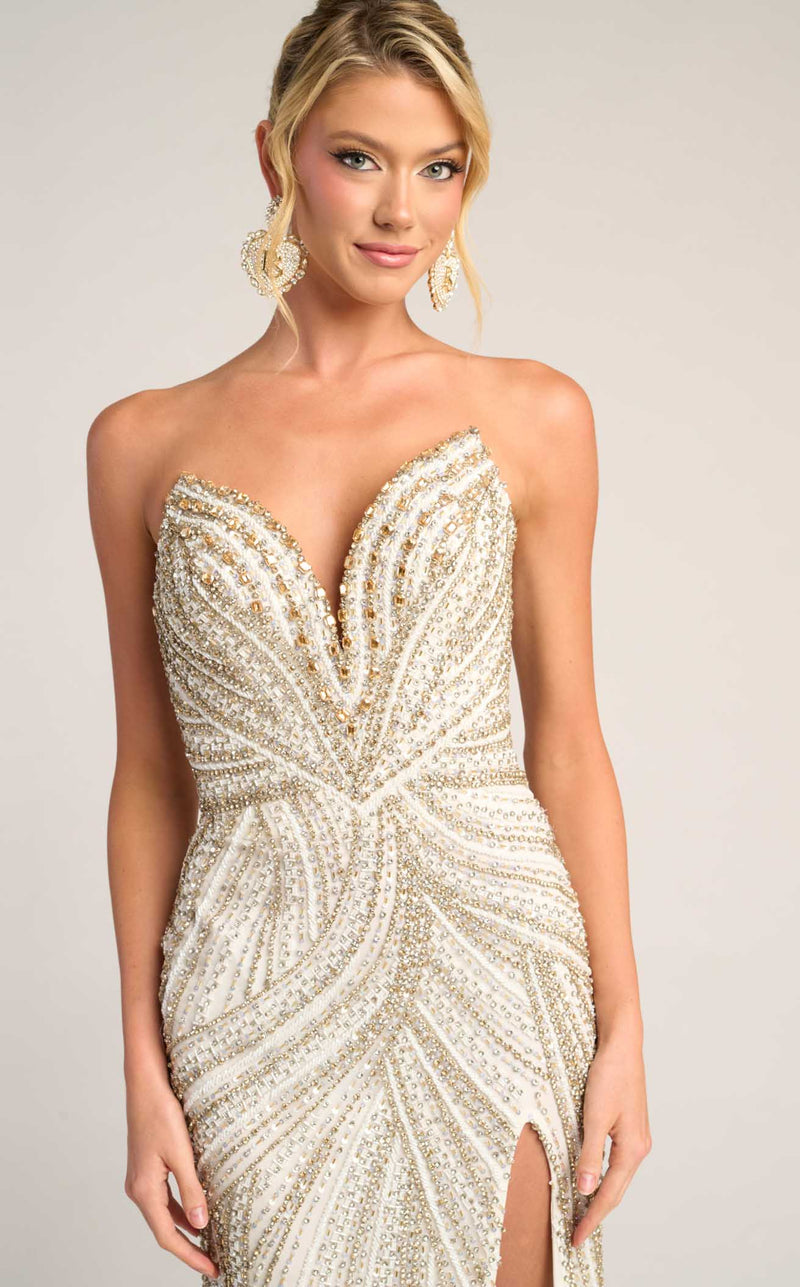 Beaded Strapless Mermaid Evening Gown with High Slit by Portia and Scarlett PS26407C
