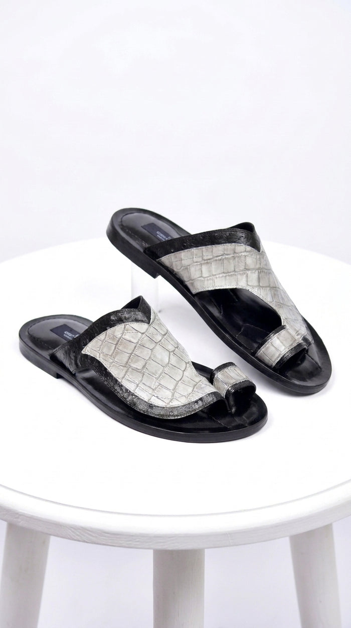 Corrente 5831 Men’s Exotic Crocodile Sandals – Black & Grey