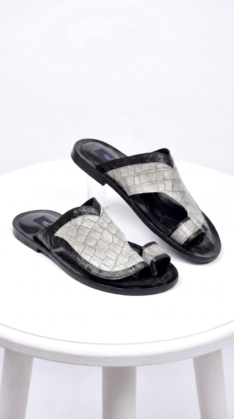 Corrente 5831 Men’s Exotic Crocodile Sandals – Black & Grey