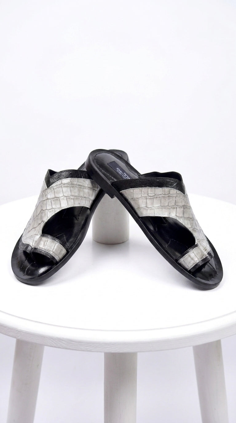 Corrente 5831 Men’s Exotic Crocodile Sandals – Black & Grey