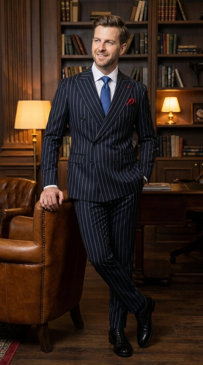Statement Men's 2 Piece 100% Wool Modern Fit Pinstripe Suit - Double Breasted Jacket