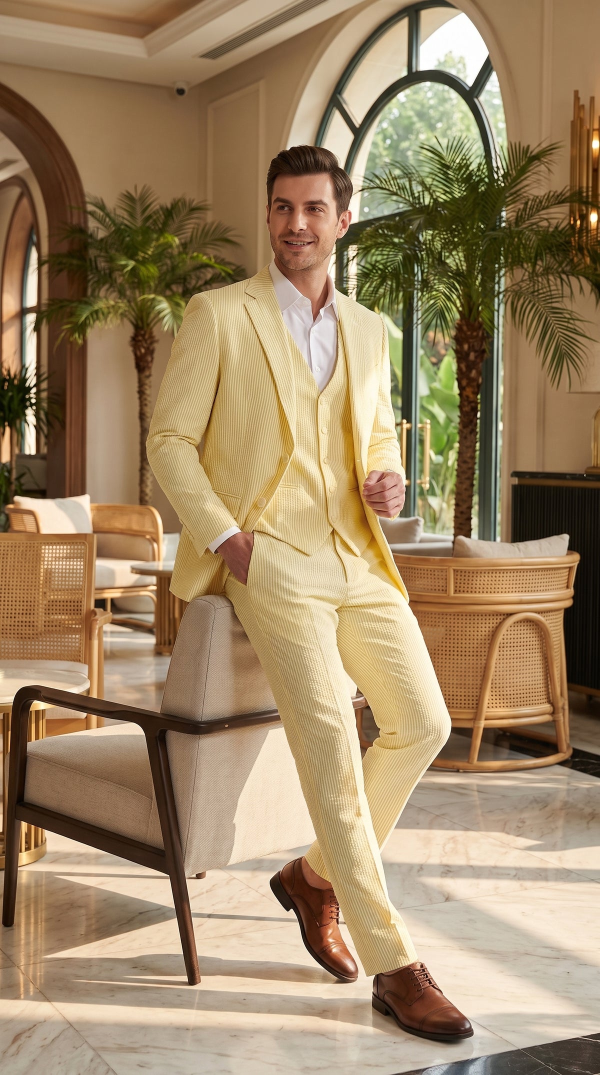 Men’s Yellow Pinstripe Seersucker Suit – 3-Piece Summer Wedding Suit with Jacket, Vest & Pants