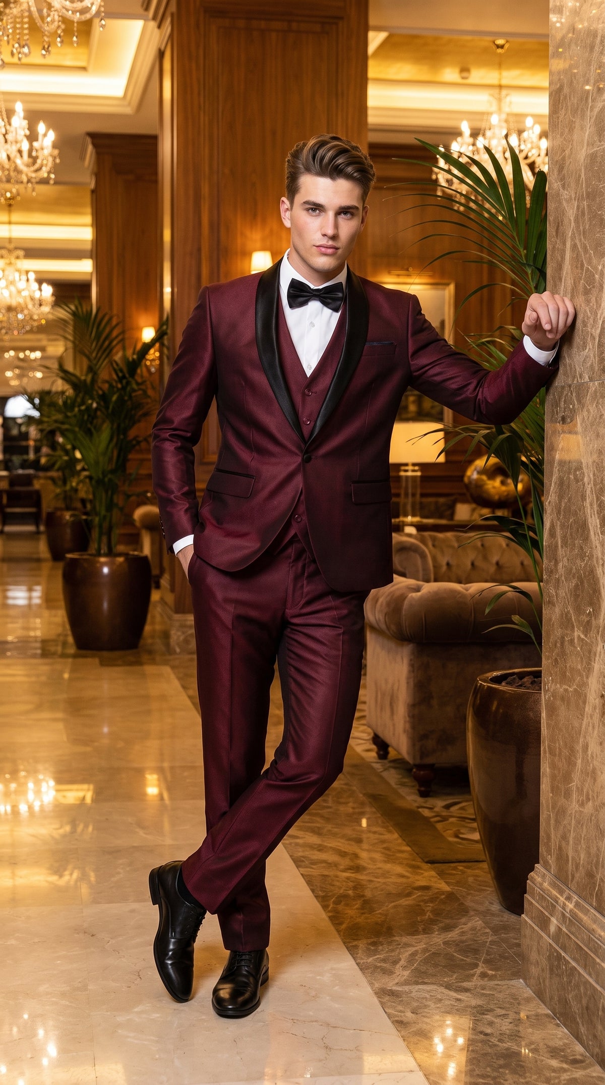 Men's Burgundy Sharkskin 3-Piece Tuxedo Suit – One Button Black Satin Shawl Lapel Vested Wedding & Prom Tuxedo
