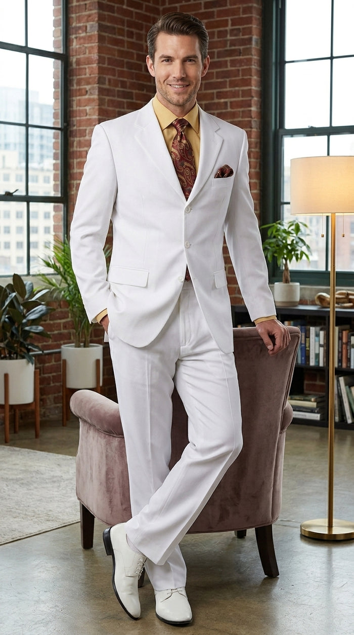 Apollo King Men’s White Poplin Classic Fit Suit, Formal Wedding Prom Dress Suit