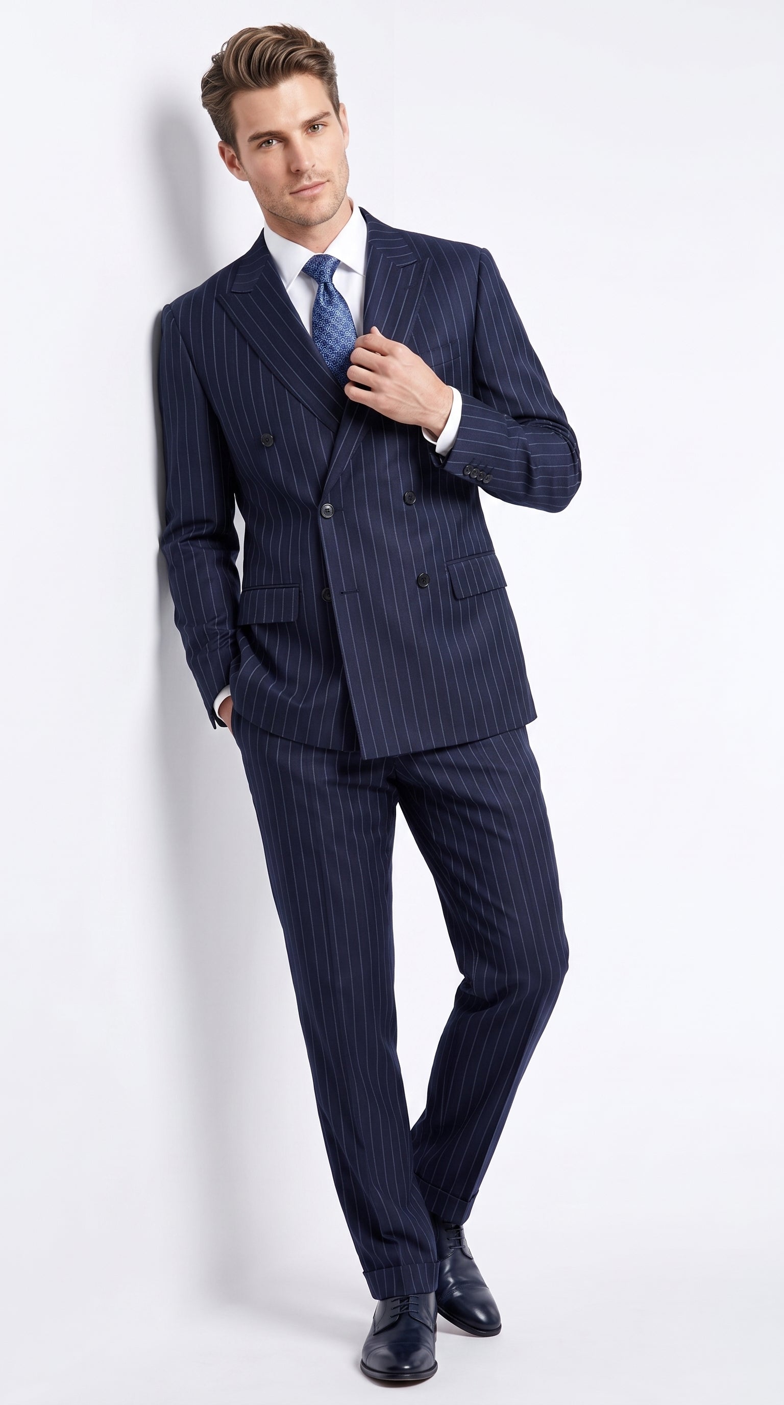 Men’s Dark Navy Blue Double Breasted Pinstripe Suit, Side Vent Jacket with Pleated Pants