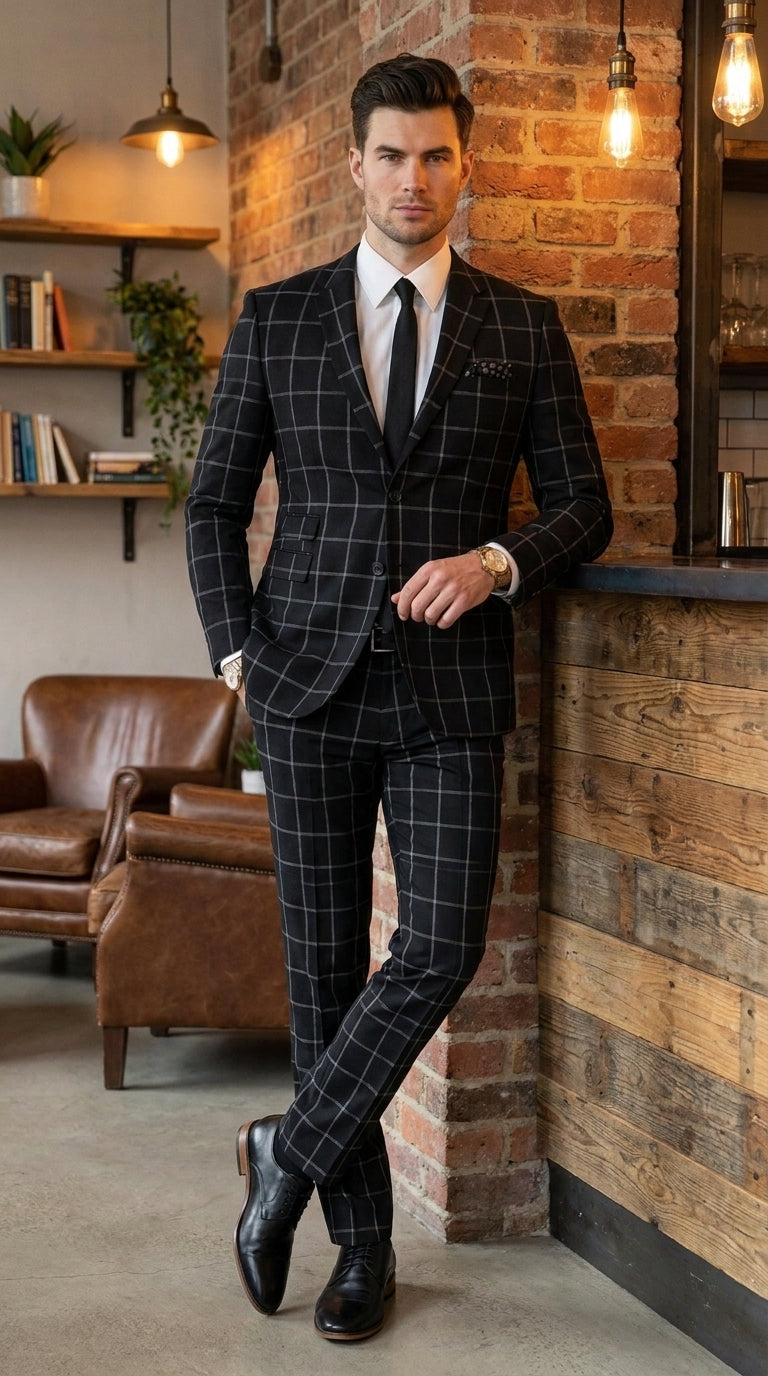 Men’s Black Windowpane Plaid Suit, 1920s Inspired Formal Wedding Prom Dress Suit
