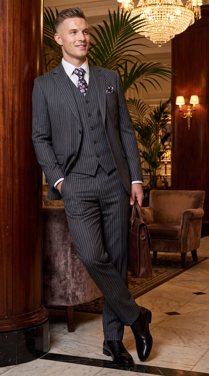 Men's Charcoal Grey Bold Pinstripe 3-Piece Gangster Suit – 2 Button Vested 1920s Vintage Classic Formal Suit
