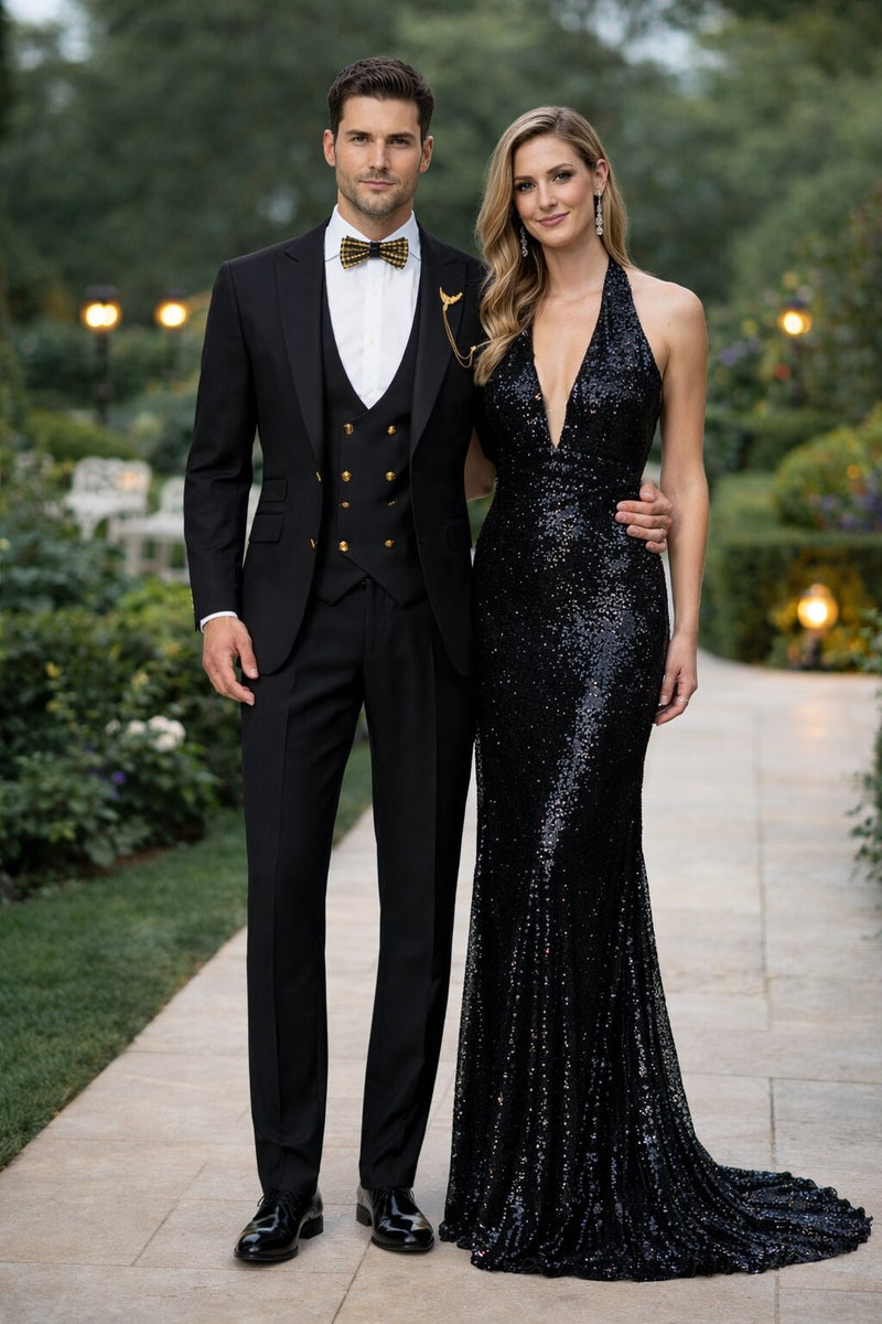 Mens Two Button Peak Lapel Suit Black