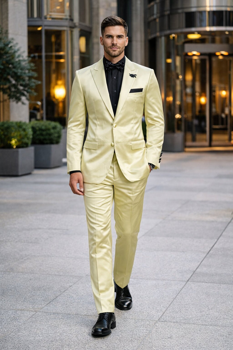 Mens Shiny Blazer - Ivory Sateen Vested Suit