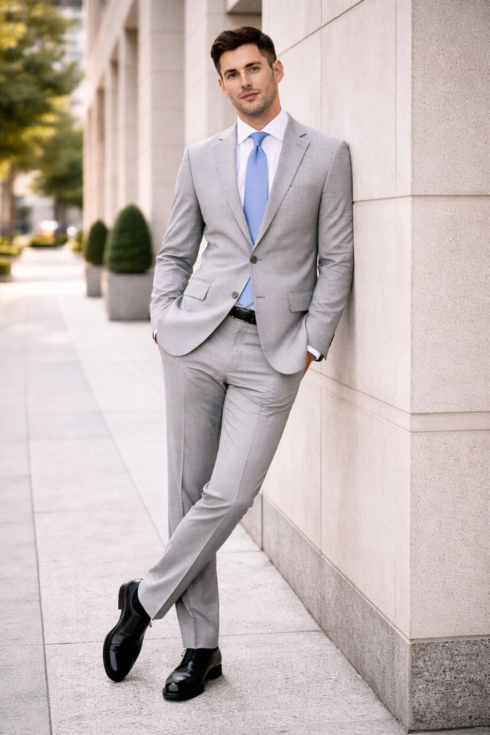 Light Grey Mens Two-Piece Suit – Slim Fit Jacket and Trousers with Tie