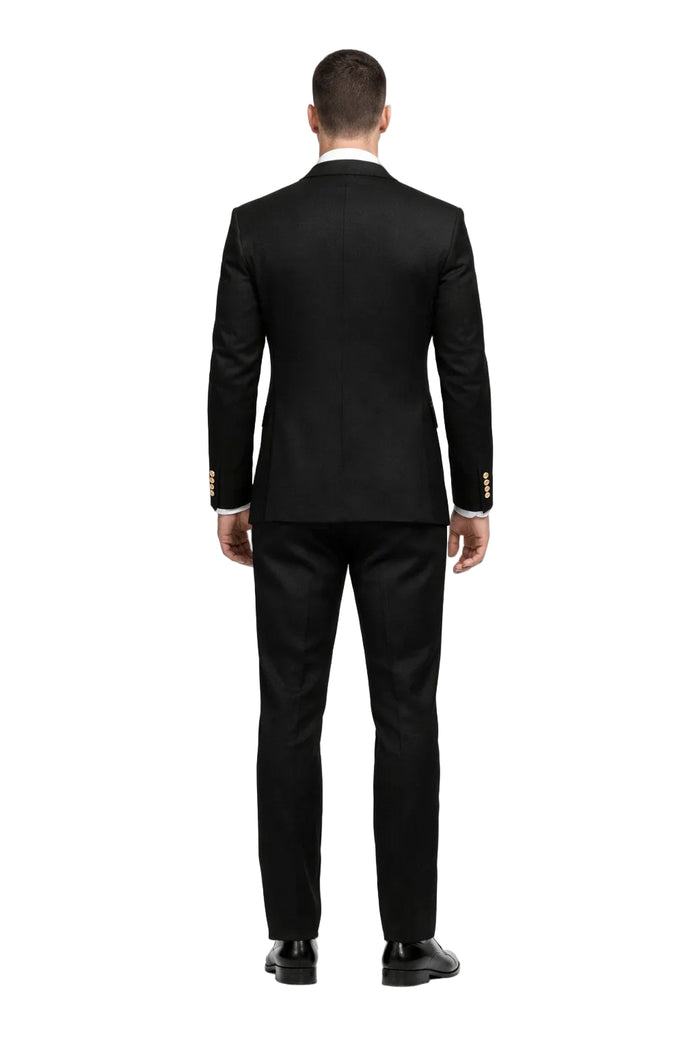 Men's Designer Modern Fit Double Breasted Wool Suit with Gold Buttons in Black