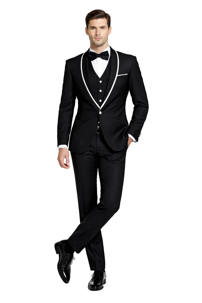 Mens One Button Satin Trim Shawl Tuxedo in Black & White